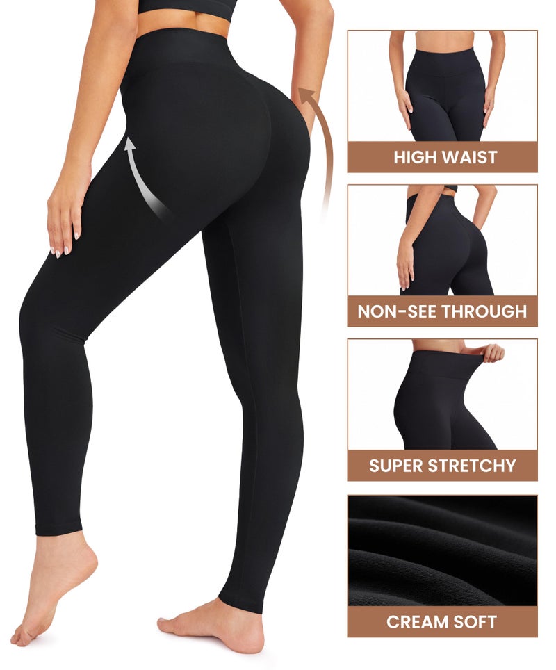 VALANDY Creamlush High Waisted Leggings for Women Stretch Tummy Control Athletic Workout Running Yoga Pants Black Plus Size - Image 5